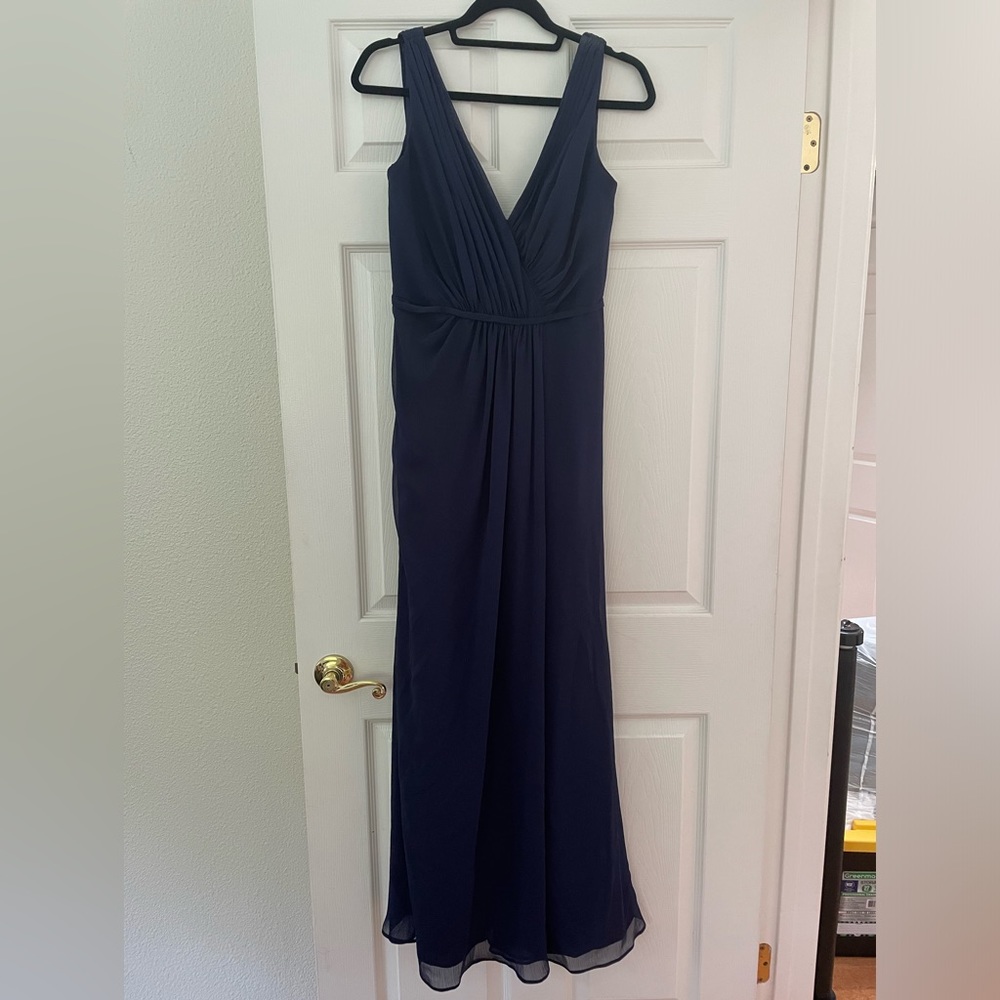 David's Bridal navy blue chiffon maxi dress
